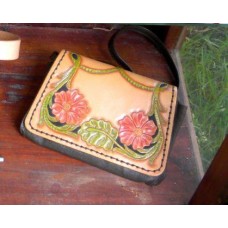 Handmade Small Leather Handbag with Flower Design and Zip Pocket. 